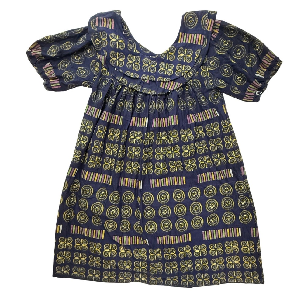 Vintage African Wax Print‎ Babydoll Mini Dress Navy Blue Geometric Ruffle Collar
